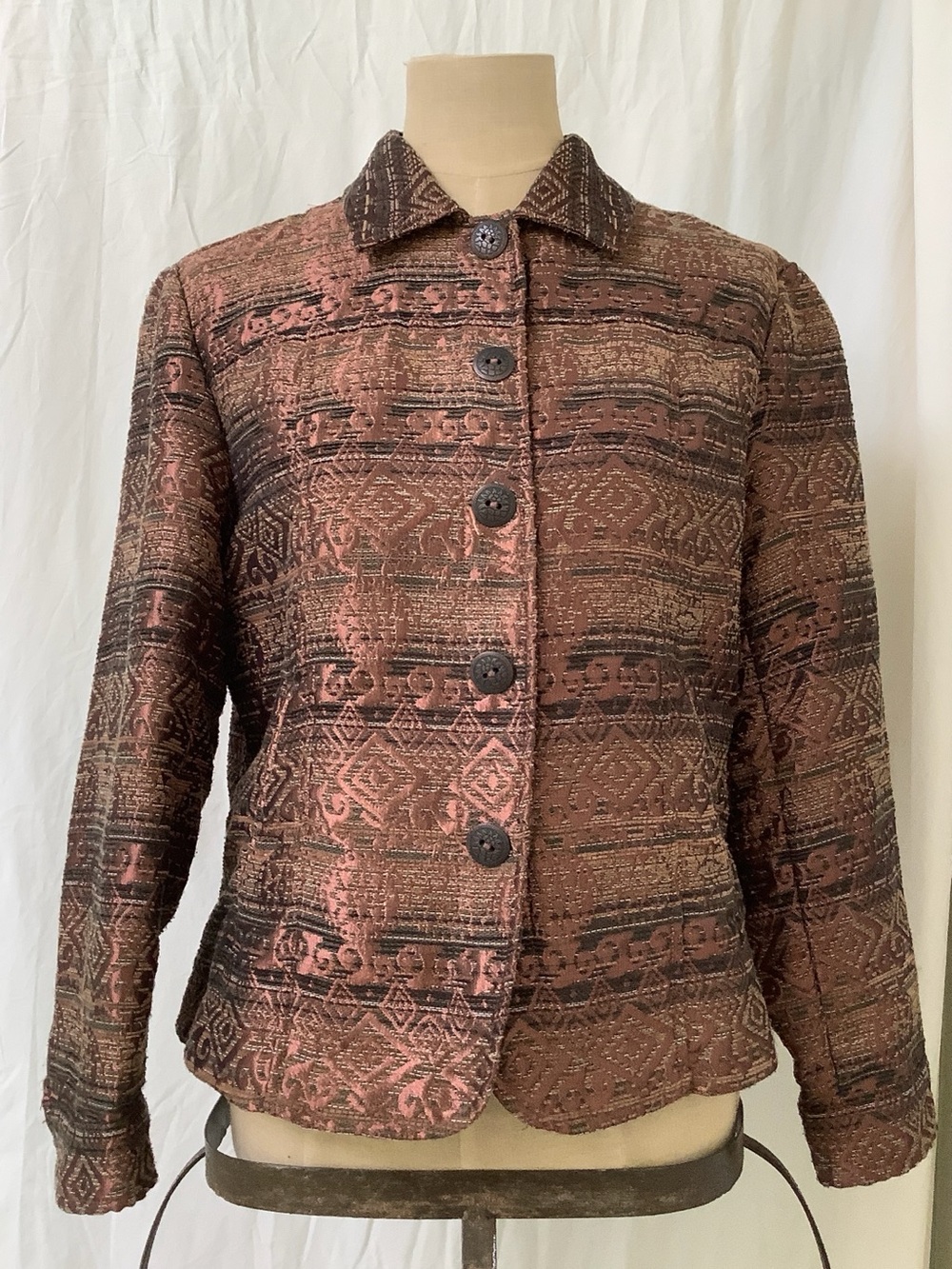 Coldwater Creek Top Jacket-Copper Sage Textured Brocade Pattern-Button Close-PM